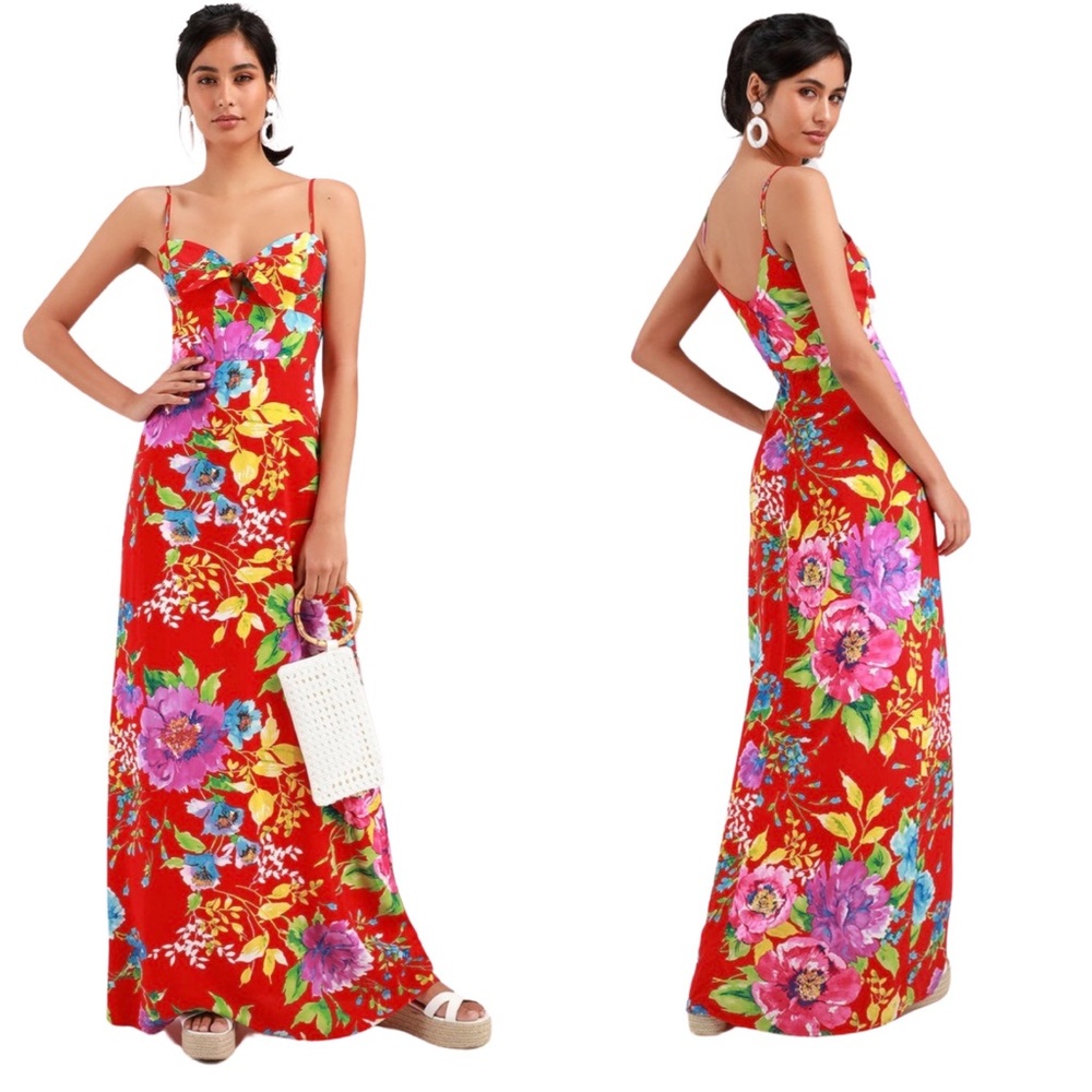 Lulu’s Santiago Red Floral Print Tie-Front Maxi Dress